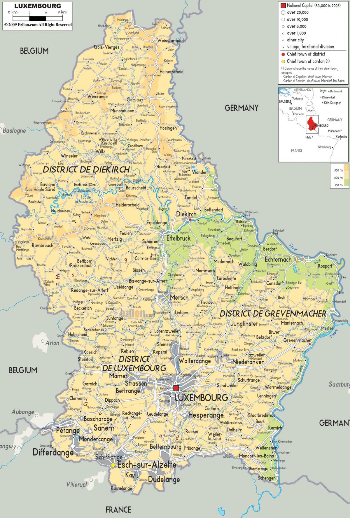 zemljevid Luksemburg fizično